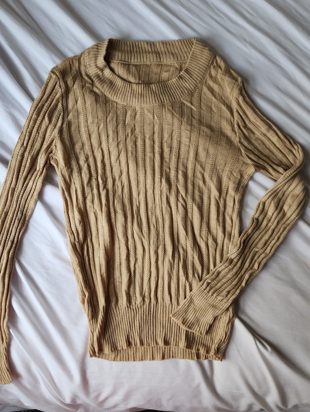 Vintage 70s Tan Knit Ribbed Long Sleeve Pullover Sweater Top Size XS